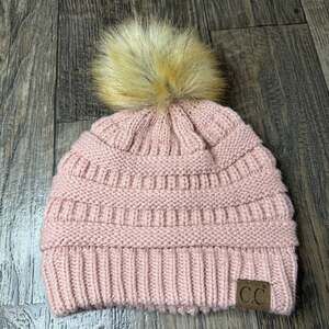 C.C Thick Cable Knit Faux Fuzzy Fur Pom Cap Hat CC Pink Rose